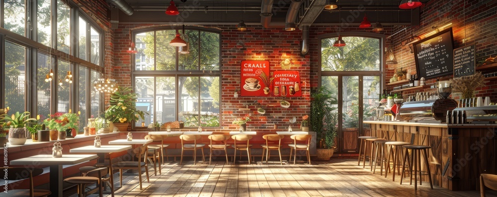 Cozy Modern Cafe Interior with Brick Walls, Wooden Furniture, and Large Windows Allowing Natural Light Cozy Modern Cafe Interior with Brick Walls, Wooden Furniture, and Large Windows Allowing Natural Light