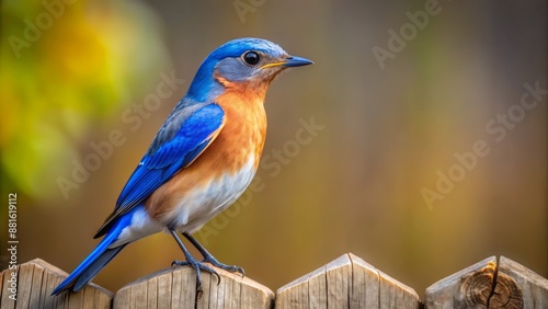 Wide shot of a Bluebird perched on a fence, studio portrait.