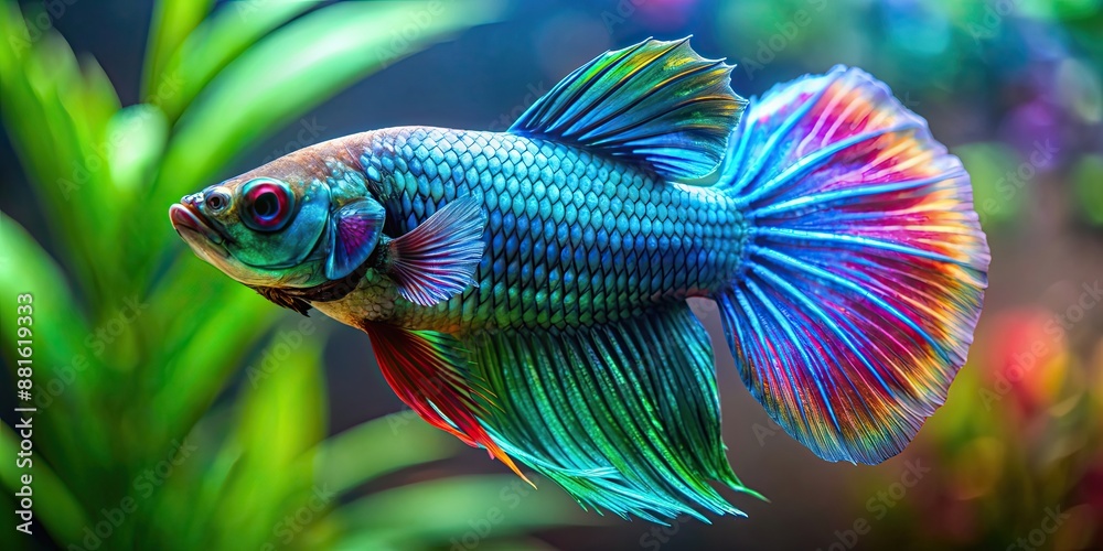 Exotic betta fish with vibrant multicolored blue green scales swimming in aquarium, betta, fish, exotic, colorful, vibrant, blue