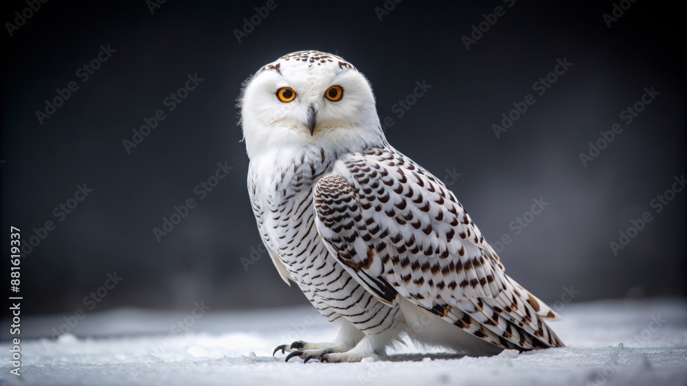 Fototapeta premium Wide shot of a Snowy Owl standing on the ground, studio portrait.