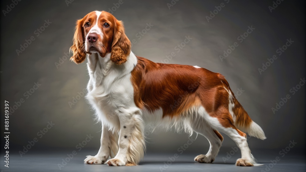 Wide shot of a Welsh Springer Spaniel standing, studio portrait. Wide shot of a Welsh Springer Spaniel standing, studio portrait.
