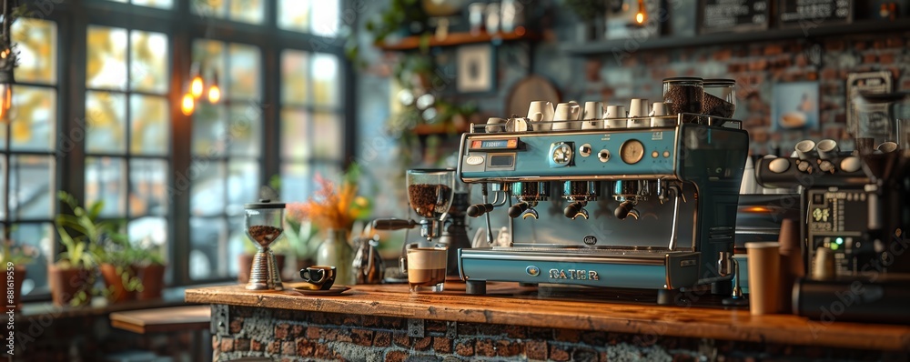 Cozy Coffee Shop Interior with Modern Espresso Machine and Rustic Decor
