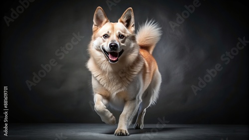 Wide shot of a Norwegian Buhund running, studio portrait. photo