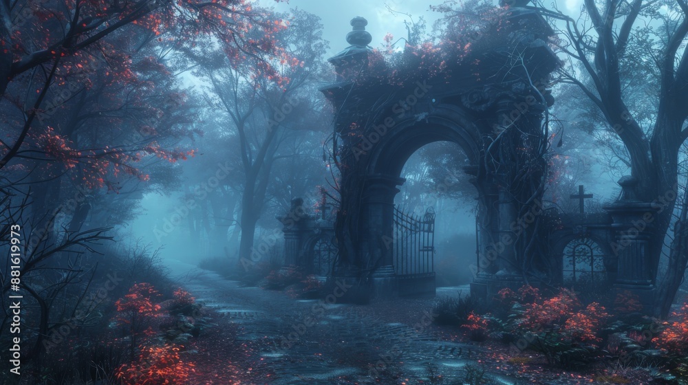 Obraz premium Mysterious Stone Archway in a Foggy Forest