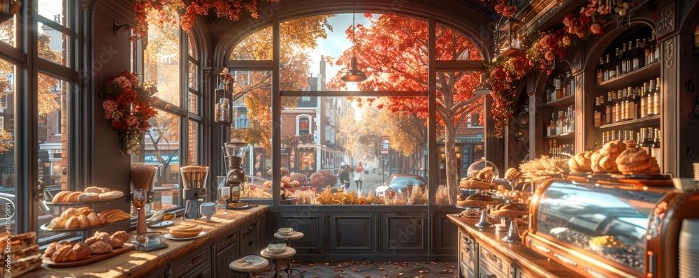 Cozy Autumn Bakery with Fresh Pastries and Warm Decor in a Charming Street Setting Cozy Autumn Bakery with Fresh Pastries and Warm Decor in a Charming Street Setting