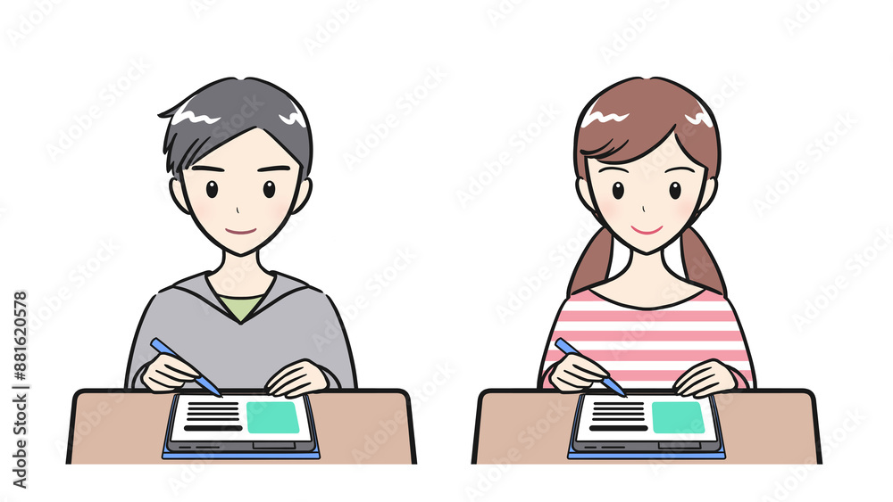 タブレット学習をする小学生の男子女子セット タブレット学習をする小学生の男子女子セット