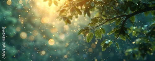 Sunlit Forest Scene with Dew-Covered Leaves and Magical Bokeh Light Effects in the Background