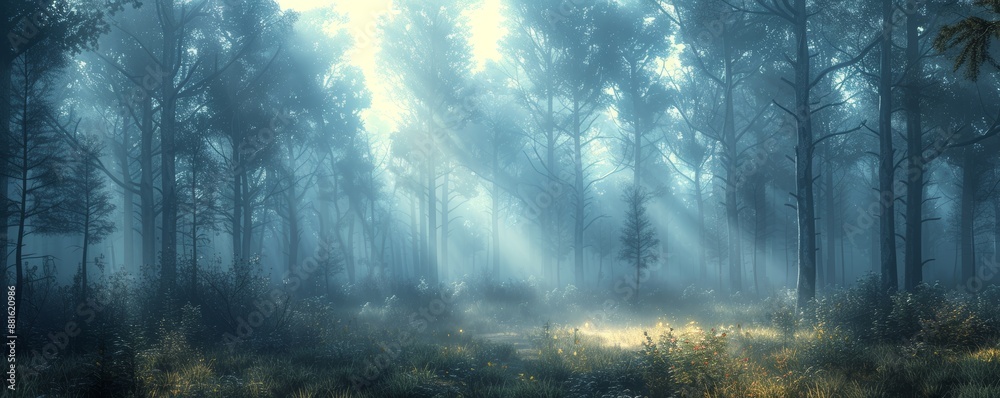 Misty Forest with Sun Rays Breaking Through Trees Creating a Serene and Ethereal Atmosphere Misty Forest with Sun Rays Breaking Through Trees Creating a Serene and Ethereal Atmosphere