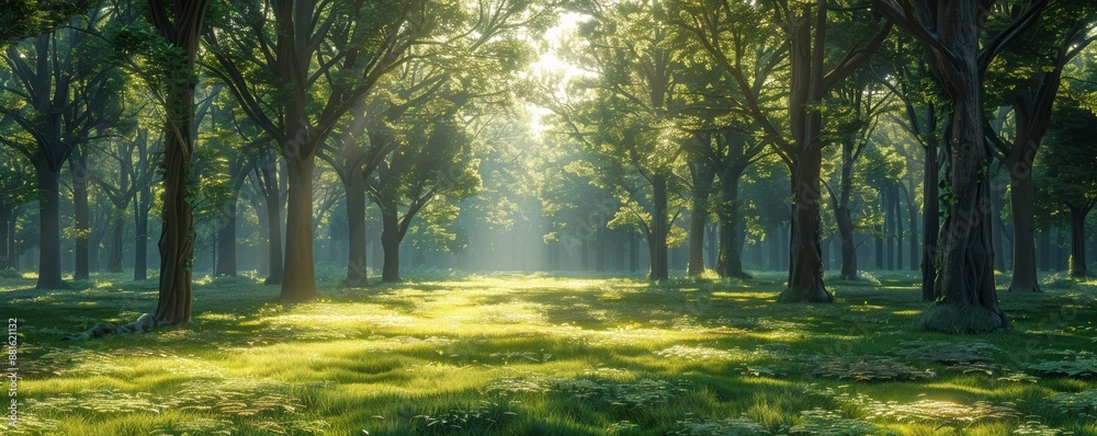 Obraz premium Sunlight Filtering Through Trees in a Serene Forest with Lush Greenery and Soft Shadows
