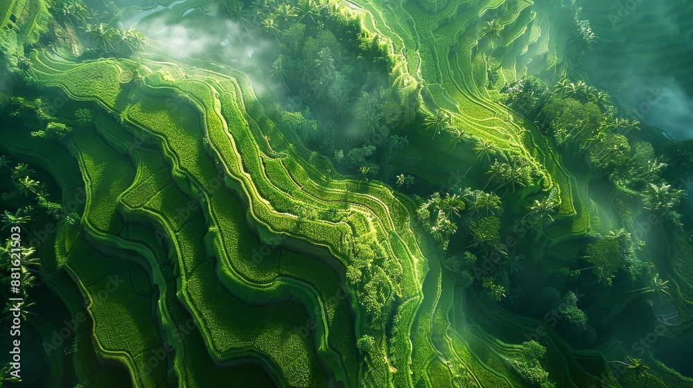 Overhead view of rice terraces in Bali, lush green fields with intricate patterns, hyper realistic