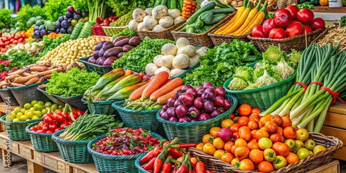 Variety of fresh vegetables displayed at a farmers market stall , organic, natural, healthy, produce, market, vendor