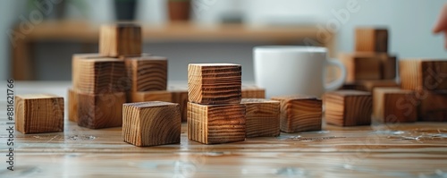 Wooden Blocks Arranged to Show an Upward Trend on a Wooden Table with a White Mug in the Background photo