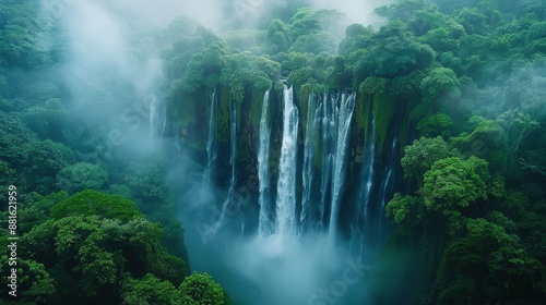 Drone perspective of a waterfall cascading into a lush jungle, mist and vibrant greenery, hyper realistic