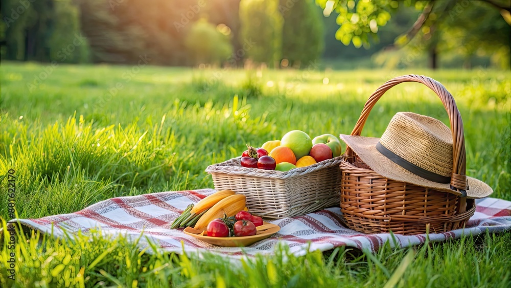 Picnic on lush grass with fruit basket, hat, and book, picnic, leisurely, relaxation, outdoors, grass, fruit, basket, hat, book Picnic on lush grass with fruit basket, hat, and book, picnic, leisurely, relaxation, outdoors, grass, fruit, basket, hat, book