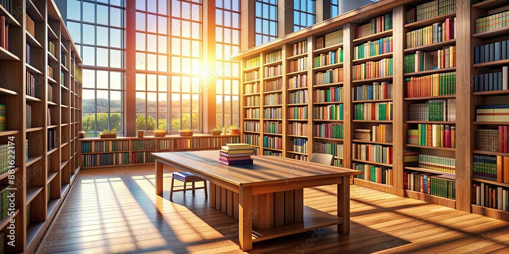 Sunlit library interior with wooden table, stack of books, rows of colorful books on shelves, library, interior, sunlit