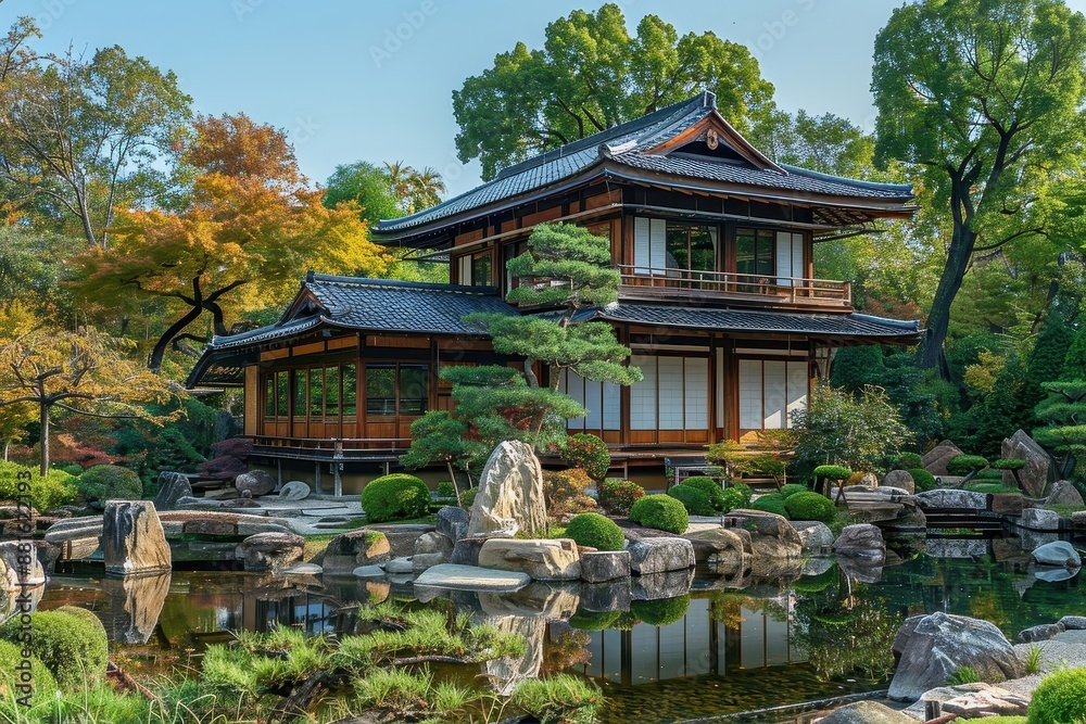 A peaceful and serene scene, showcasing the harmony between traditional Japanese architecture and nature. A peaceful and serene scene, showcasing the harmony between traditional Japanese architecture and nature.