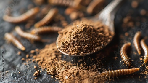 Mealworm powders on an old spoon on an olive stone surface