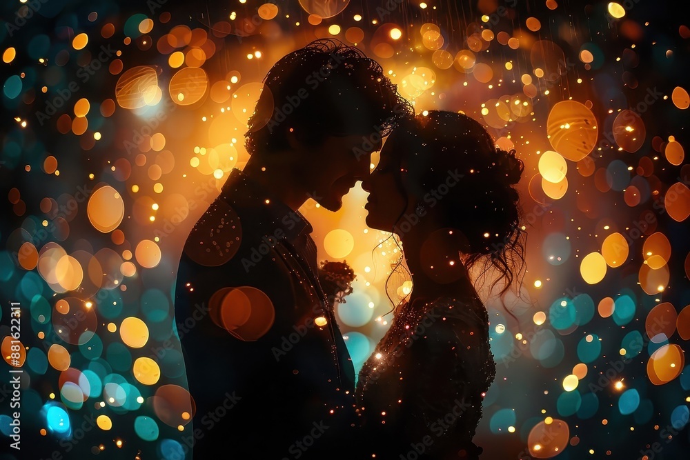 Creates a romantic and intimate atmosphere with a couple embracing under twinkling lights. Creates a romantic and intimate atmosphere with a couple embracing under twinkling lights.