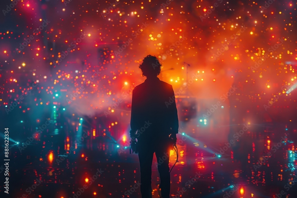 Captures the energy and excitement of a live music performance, with bokeh lights adding to the atmosphere.