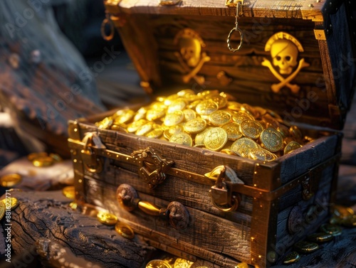 Wooden chest filled with gold coins and skull and crossbones