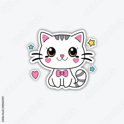 Cute, cartoon-style sticker featuring a white cat with large, expressive yellow eyes and a small pink nose. The cat has pink blush marks on its cheeks, a pink bow tie, and black stripes on its head an