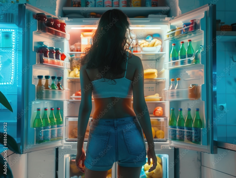 Woman stands in front of refrigerator with variety of food Woman stands in front of refrigerator with variety of food