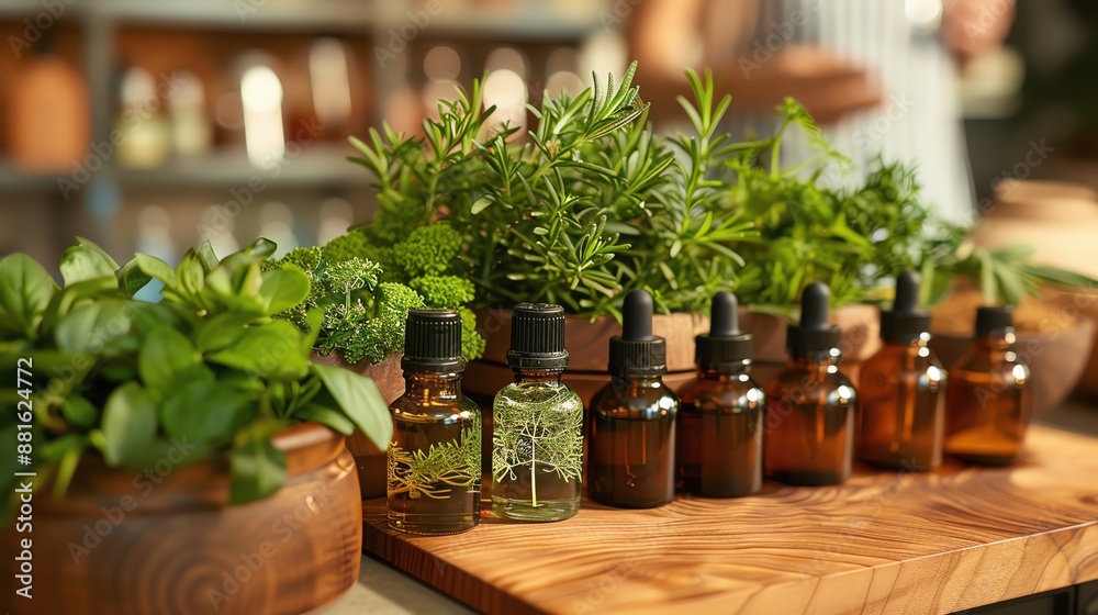 Aromatherapy setup with fresh herbs and essential oils Aromatherapy setup with fresh herbs and essential oils