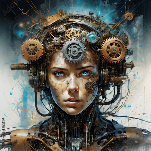 Let me tell you about this amazing painting I saw the other day! It's like nothing I've ever seen before - a mix of awe-inspiring Cybernetic Naturalism and advanced technology. The artist really captu photo