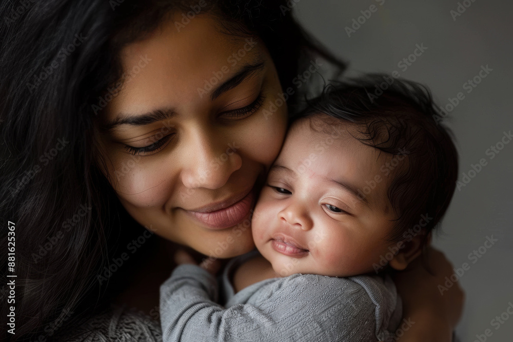 Mother holding newborn mixed race baby in soft light Mother holding newborn mixed race baby in soft light