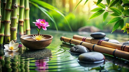 Deken met foto Zen Zen tuin met bamboe bloemen en water  © kansak01