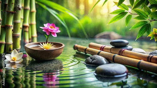 Panel kuchenny z motywem Serenity abounds in tranquil zen garden scene with bamboo, flowers, and water surrounding carefully placed stones for relaxation and wellness.