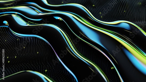 Flowing organic shapes on a black background with neon bluegreenyellow glow around the edges when closeup With hyperrealistic visualization created with octane The black background depicts a liquid wi photo