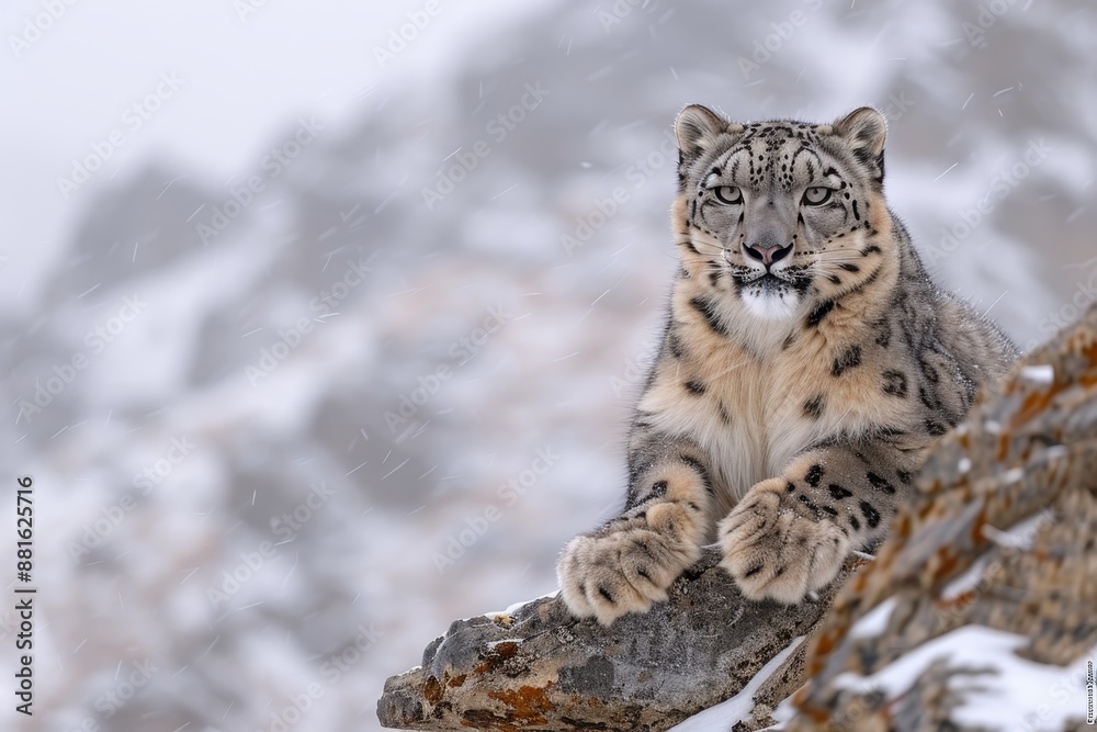 A snow leopard gracefully perched on a rocky ledge in the Himalayas, its thick fur blending with the snowy landscape. A snow leopard gracefully perched on a rocky ledge in the Himalayas, its thick fur blending with the snowy landscape.
