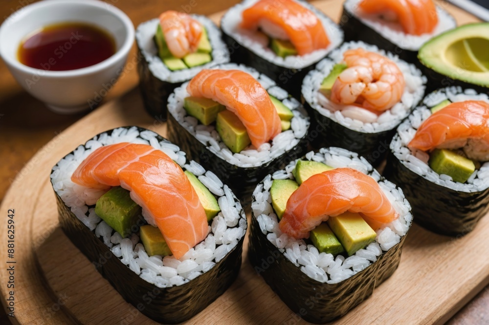 Close-up of sushi with salmon, shrimp and avocado Close-up of sushi with salmon, shrimp and avocado
