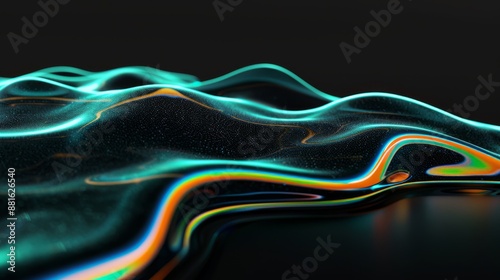 Closeup of organic shape on black background thick spreading smoke with neon bluegreenorange color on edges shape with surface dispersion and oil With hyperrealistic visualization created with SideFX photo