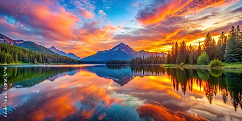 Vibrant sunrise casting a colorful glow over a serene mountain lake , sunrise, colorful, vibrant, mountain, lake, reflection