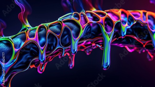 Closeup of organic shape on black background thick spreading smoke with neon bluegreenorange color on edges shape with surface dispersion and oil With hyperrealistic visualization created with SideFX photo