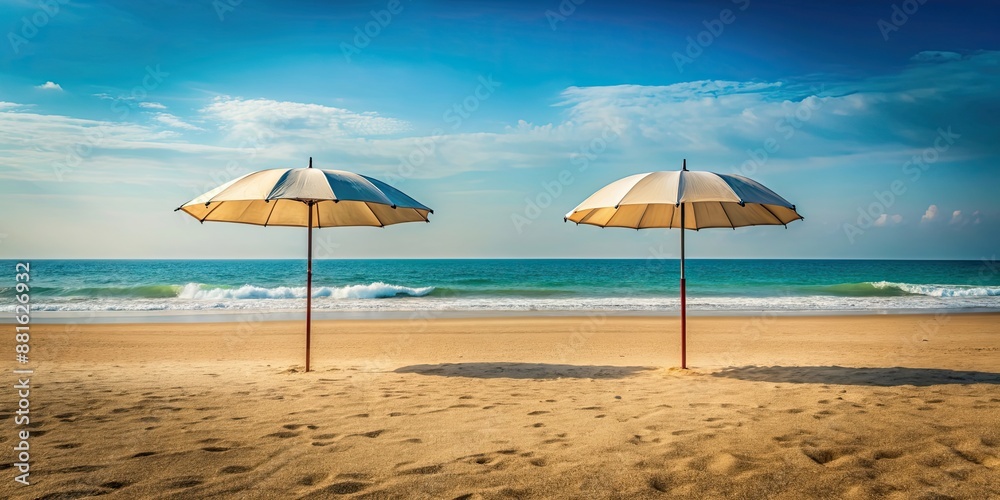 Two umbrellas standing alone on a deserted beach, isolated, beach, umbrellas, sand, vacation, loneliness, relaxation, serene Two umbrellas standing alone on a deserted beach, isolated, beach, umbrellas, sand, vacation, loneliness, relaxation, serene