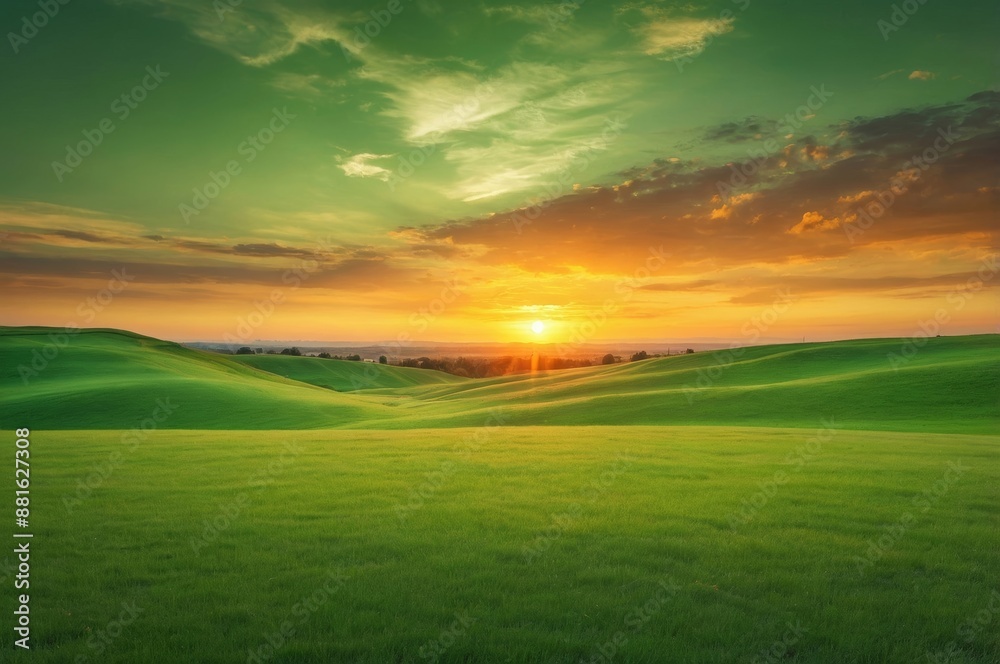 Breathtaking view of sunset over rolling green hills creating warm and vibrant landscape Breathtaking view of sunset over rolling green hills creating warm and vibrant landscape