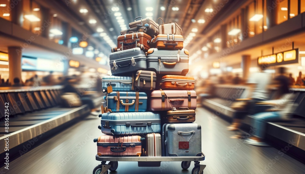 Obraz premium Luggage Cart with Stacked Suitcases in Airport