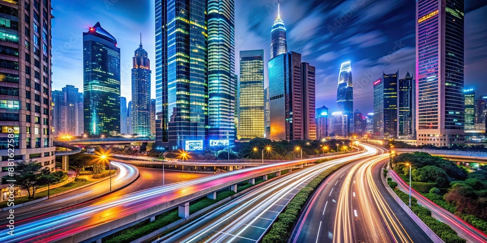 Vibrant cityscape with illuminated skyscrapers and streaks of traffic lights at night , urban, city, traffic, night Vibrant cityscape with illuminated skyscrapers and streaks of traffic lights at night , urban, city, traffic, night