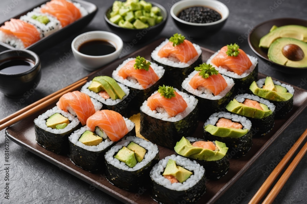 A set of fresh sushi rolls with salmon, avocado and black sesame seeds served on a plate with chopsticks. Japanese sushi uramaki or California roll A set of fresh sushi rolls with salmon, avocado and black sesame seeds served on a plate with chopsticks. Japanese sushi uramaki or California roll