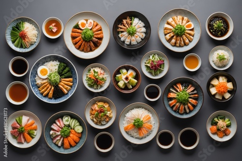 many traditional gourmet japanese food dishes variety on grey background photo