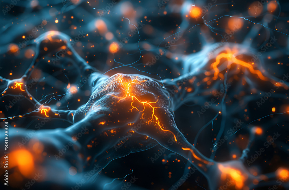 Artistic depiction of active neural network with pulsing nodes ...