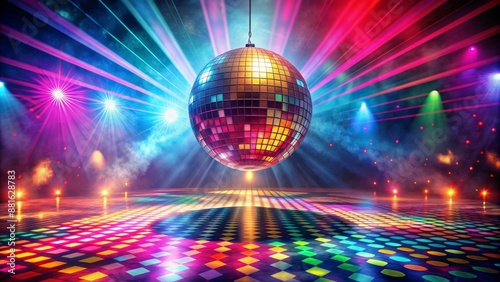 Vibrant flashing lights reflect off a spinning disco ball above a colorful dance floor surrounded by funky retro patterns and fog machines. photo