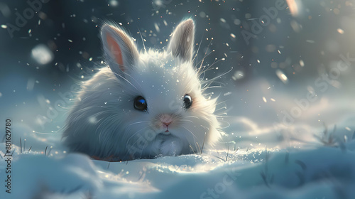 Cute White Bunny in the Snow Illustration photo