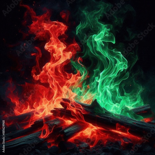 red and green fire burning