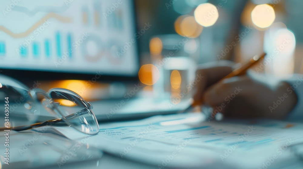 Obraz premium Focused Accountant Analyzing Spreadsheets by Desk Lamp Light - Close-up View of Screen in Office Workplace