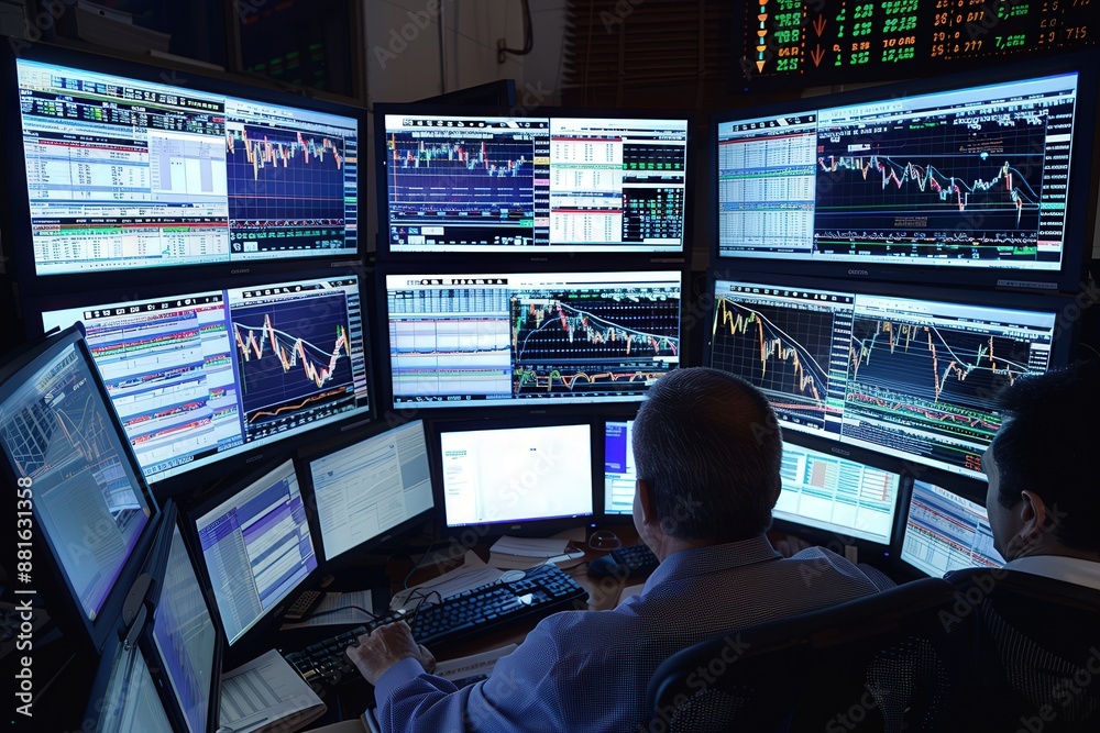 Financial Analysis Team Reviewing Stock Market Data on Multiple Screens - Stock Analysis and Teamwork Concept Financial Analysis Team Reviewing Stock Market Data on Multiple Screens - Stock Analysis and Teamwork Concept