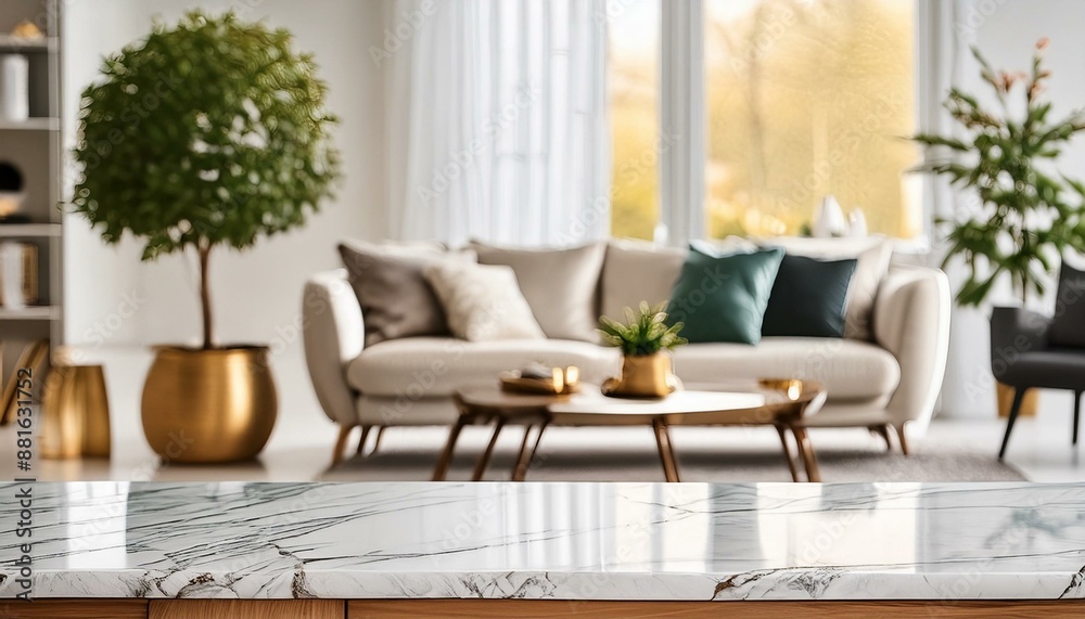 Product Display: Marble Counter with Blurred Living Room Background Product Display: Marble Counter with Blurred Living Room Background